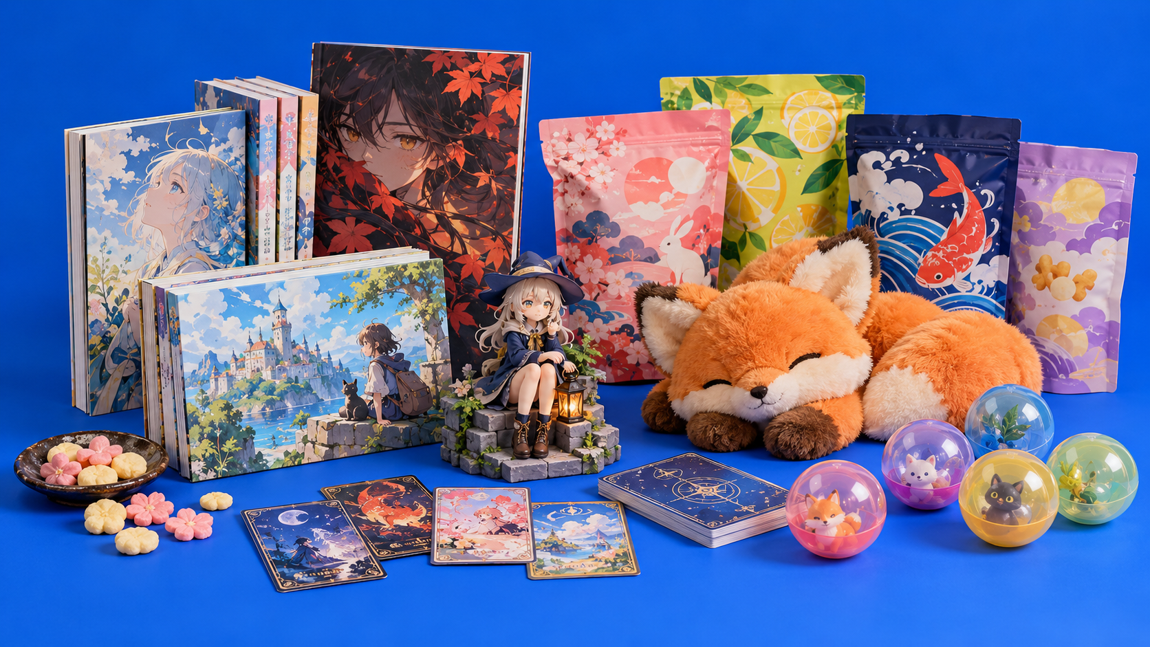 A colorful collection of original manga, figures, plush toys and Japanese snacks